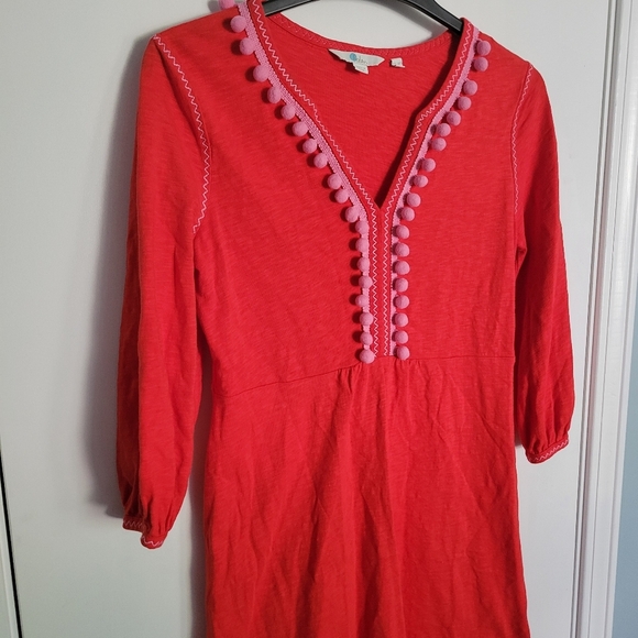 Boden Carina Womens 6 Mini Shirt Dress Red Pink Pom Pom Boho Festival Cotton - Picture 4 of 11